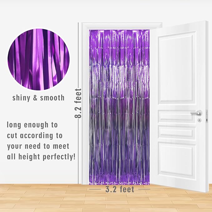 GOER 3.2 ft x 8.2 ft Metallic Tinsel Foil Fringe Curtains Party Photo Backdrop Party Streamers for Halloween Birthday,Graduation,New Year Eve Decorations (4 Packs,Purple)