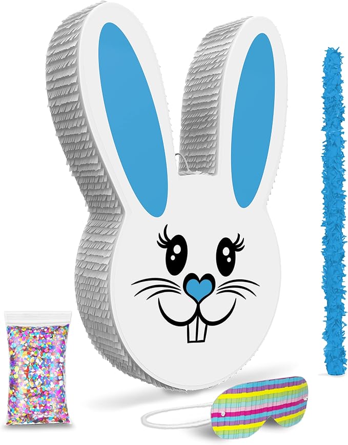 Jergrim Boy Easter Bunny Piñata Set with small stick and confetti bag - 17”x10”x 3” Perfect for Easter Celebration, Bunny Theme Parties, Party Decor, and more