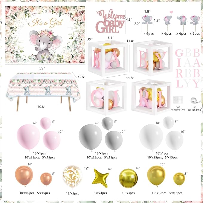 JOGAMS Elephant Baby Shower Decorations for Girl 234Pcs with Baby Boxes Letter Backdrop Tablecloth Cupcake Cake Topper Gold Star 4D Foil Confetti Balloons for Elephant Theme Baby Shower Birthday Party