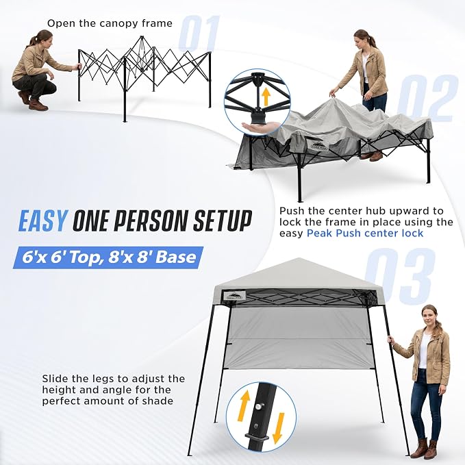 EAGLE PEAK 8x8 Pop Up Canopy Tent with Sidewall, Compact, Portable Slant Leg Instant Sun Shelter for Beach, Sports, & Camping, 8x8 Base 6x6 Top, Offwhite