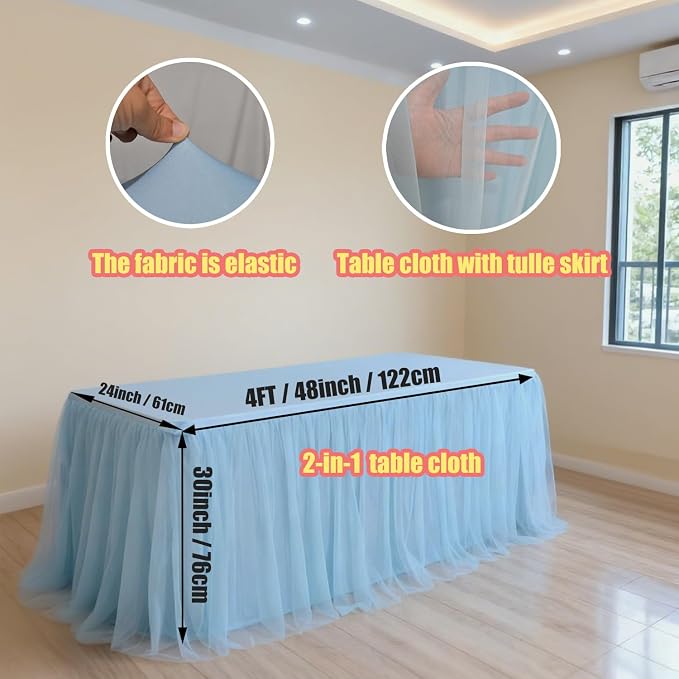 1-Pack Blue 2-in-1 Tulle Tablecloth for 4-Foot Rectangular Table – Stretch Fitted Table Skirt & Cover for Baby Shower, Bridal, Birthday, Princess Party