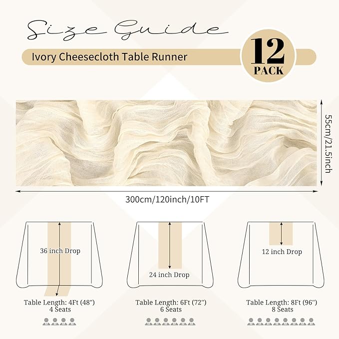 12 Pack Ivory Cheesecloth Table Runner 120 inch Fall Thanksgiving Boho Cream Rustic Gauze Farmhouse 10FT Cheese Cloth Runner for Baby Shower Wedding Party Holiday Home Decor