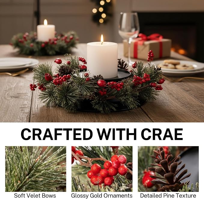 MOYEE Christmas Winter Centerpieces for Tables Candle Ring, Black Metal Candlestick with an Artificial Wreaths 14 in Versatile Dining Table Centerpiece Decor (Pine Needle Wreath)