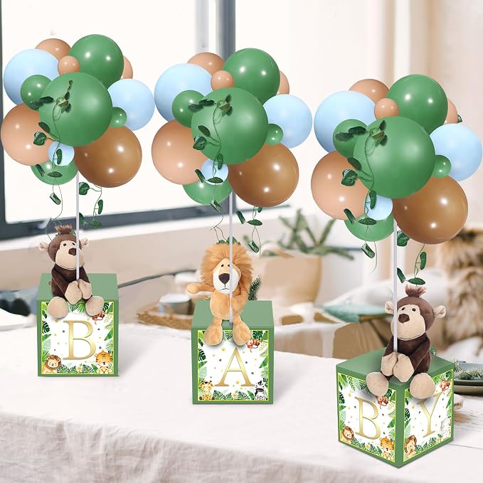 Lenwen 3 Sets Jungle Animal Decoration for Baby Shower Letter Boxes Baby Shower Table Centerpiece Stuffed Animals Balloon with Stand Plush Boxes for Party(Cute,Lion, Monkey)