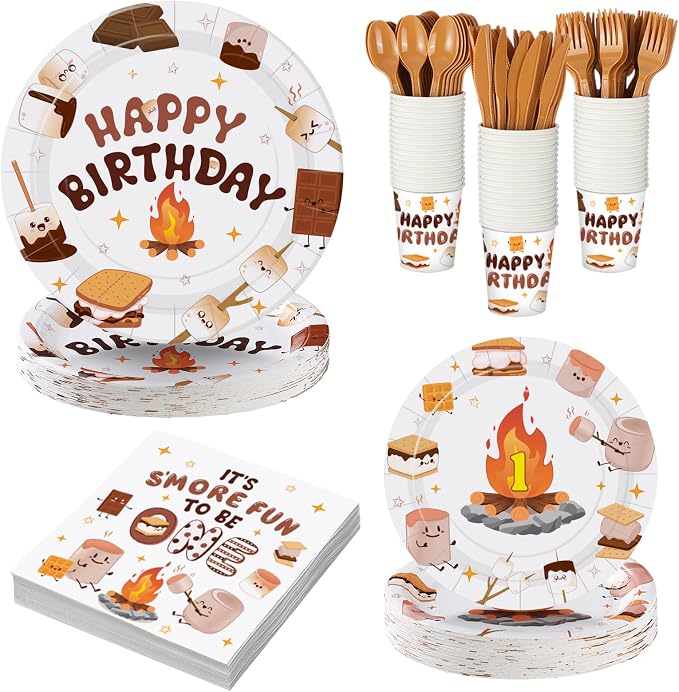 Yungyan 252 Pcs S'mores Camping Birthday Party Tableware Set Included Plates Napkins Cups Forks Knives Cutlery for Party Decorations Supplies 36 Guests