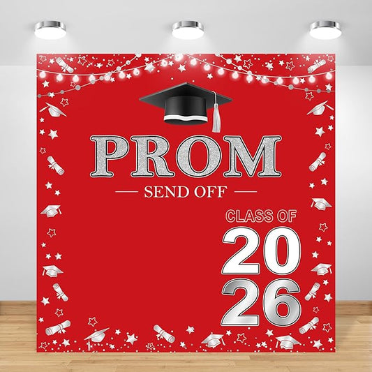 Prom 2026 Backdrop 6x6ft Red Silver Graduation Prom Photography Background Silver Red Class of 2026 Graduations Congrats Grad Party Send Off Banner Photo Studio Props (6x6ft)