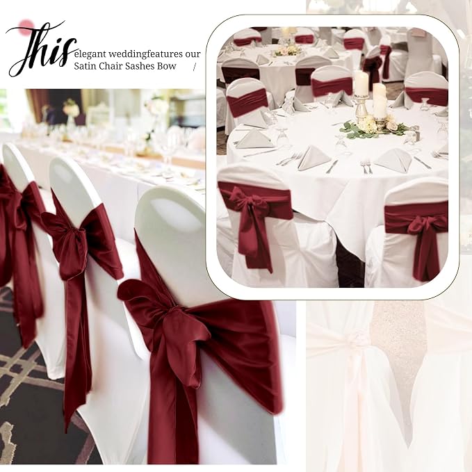 Pesonlook 120 PCS Burgundy Satin Chair Sashes Bows,Satin Chair Sashes Universal Chair Cover for Wedding Reception Restaurant Event Decoration Banquet,Party,Hotel Event Decorations (7 x 108 inch)