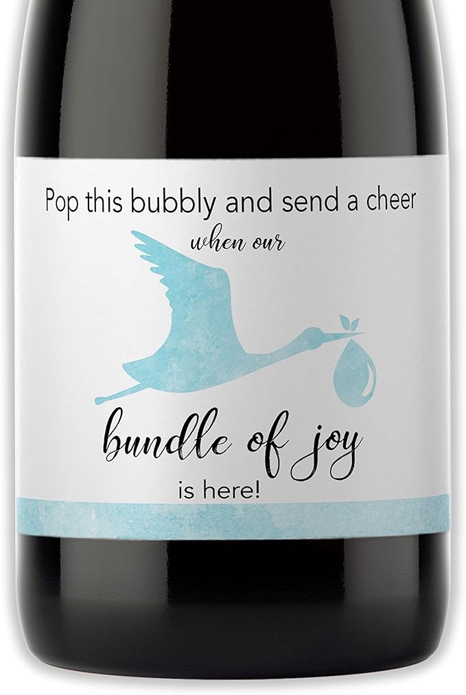 Baby BOY Baby Shower Mini Champagne Labels - She’s About to POP Mini Champagne Bottle Labels ● Set of 12 ● Thank You for Celebrating with us - Blue Stork Bundle of Joy Favors Waterproof M101-STORK-12