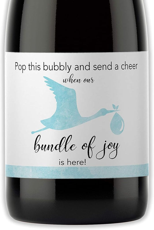 Baby BOY Baby Shower Mini Champagne Labels - She’s About to POP Mini Champagne Bottle Labels ● Set of 12 ● Thank You for Celebrating with us - Blue Stork Bundle of Joy Favors Waterproof M101-STORK-12