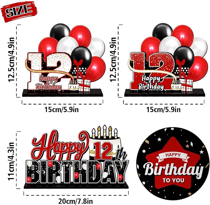 LINGTEER Happy 12th Birthday Red Acrylic Table Topper Centerpieces Set - Cheers to Twelve Years Old Birthday 12th Bday Party Gift Decorations.