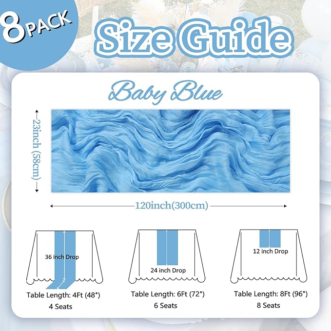 8 Pack Baby Blue Cheesecloth Table Runner 10ft Boho Gauze 120 Inch Cheese Cloth Table Runner Rustic Sheer for Spring Holiday Baby Shower Party Décor Home Wedding Decoration