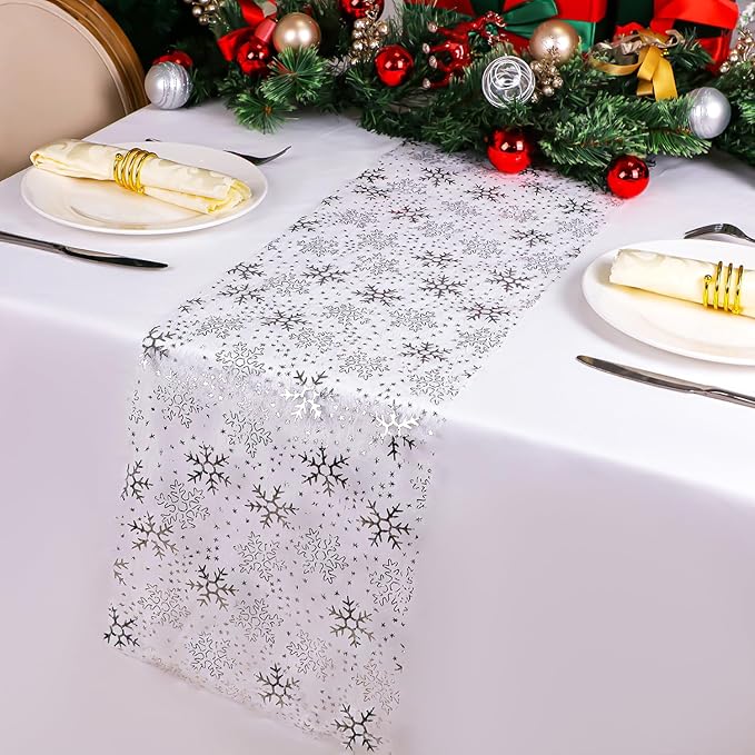 Snowkingdom 2 Pcs Christmas Snowflake Silver Table Runner 108 Inch Sparkly Silver Glitter Metallic Runners Decorations for Seasonal Winter Festival Holiday Home Party