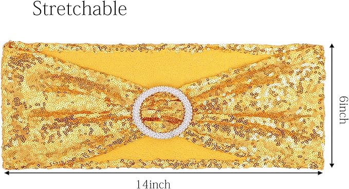 Pack of 50 Spandex Sequins Chair Sashes Gold Chair Bands with Buckles, Chairs Bows Ties for Party Wedding Fiesta Decor - Sequin Gold Chair Sash