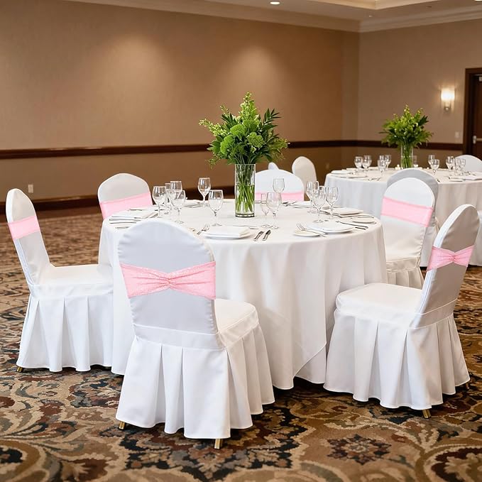 SquarePie Pack of 50 Sequin Chair Sashes Bands Pink Shiny Decorative Chair Bows Sashes for Wedding Banquet Party