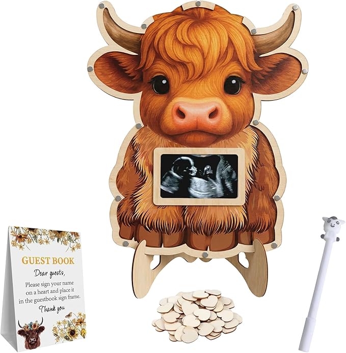 Highland Cow Baby Shower Decorations,Holy Cow Baby Shower Guest Book Alternatives with Pen,Photo Frame and 60 Heart Wood Slices for 60 Guests,Gender Reveal Decorations