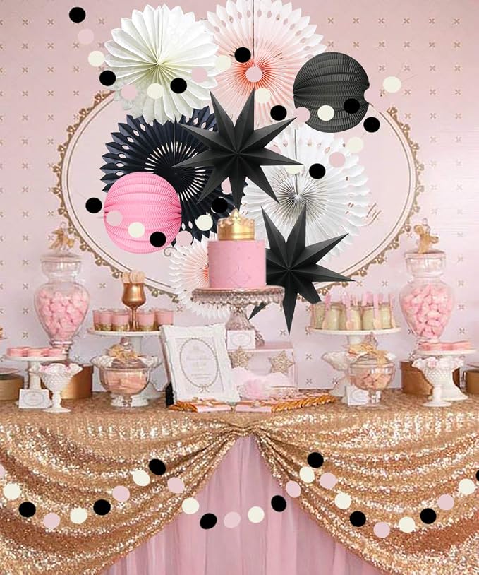 10 Pcs Party Decoration Set, Black Pink White Paper Fans, Honeycomb Balls and Star Lanterns for Halloween, Graduation, Birthday, Baby Shower & Bridal Shower Events