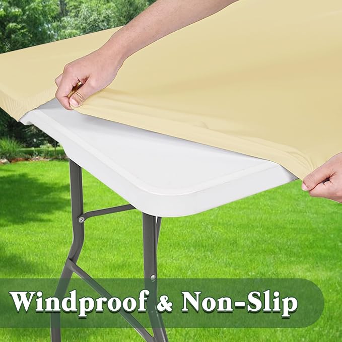 6 Pack Picnic Table Cover Fitted Elastic Outdoor Tablecloths for 6 Foot Rectangle Tables Waterproof Stretch Washable Patio Folding Spandex Table Cloth for Camping Banquet Parties (Champagne,30" x 72")
