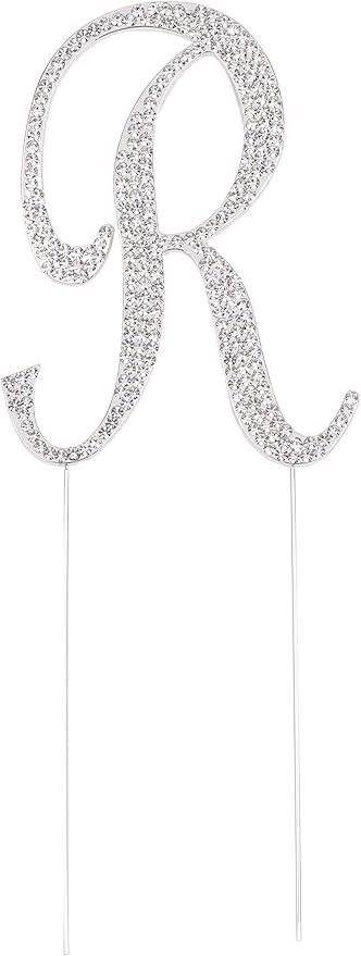 LOVENJOY Gift-Boxed 3.3" Rhinestone Letter R Cake Topper Silver