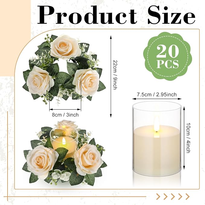 Yunlly 20 Pcs Rose Candle Rings with Flameless Candles Sets, Artificial Flower Eucalyptus Wedding Centerpiece 3 Inch Pillar Candleholders Wreaths for Wedding Party Mother's Day (Champagne)