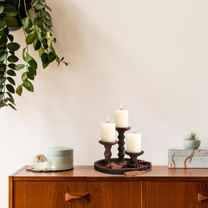 Reallnaive 8 Pcs Farmhouse Wood Candle Holders with Pillar Candles Set Wooden Rustic Candle Holders Round Decorative Serving Tray Bead Garland with Natural Wood Tassels for Table Centerpiece (Brown)