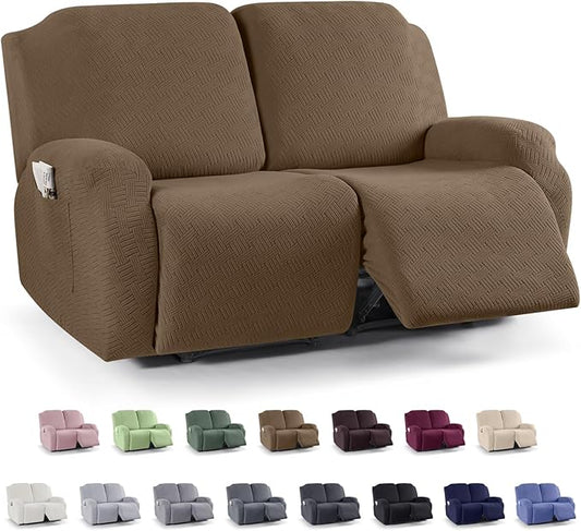 KinCam Recliner Covers, Stretch Reclining Chair Covers, Recliner Sofa Slipcovers Stripe Jacquard Recliner Couch Covers Furniture Protector Covers for Pet Kid (2XL Seater, Brown)