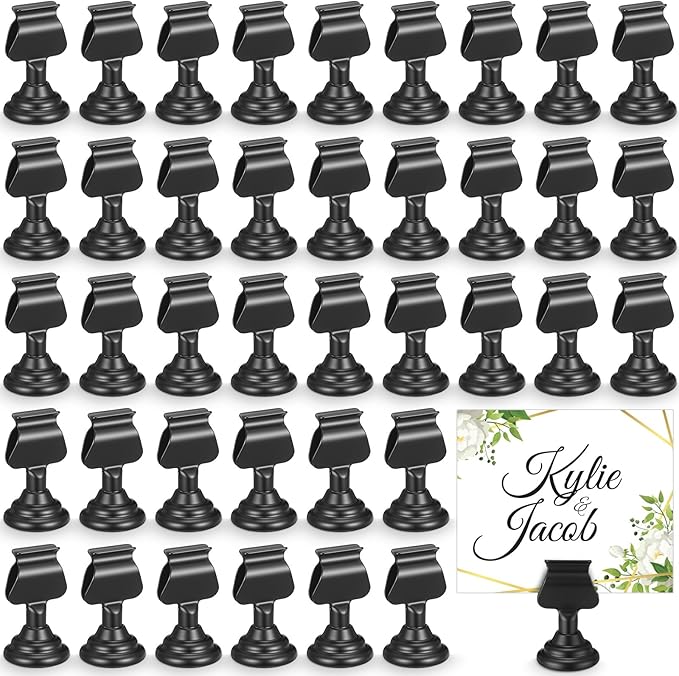 Kathfly 48 Pcs Wedding Table Number Holders 1.7 Inch Black Metal Mini Place Card Holders Bulk Harp-clip Table Sign Stands Card Holder Display Picture Memo Notes Menu for Restaurants Birthday Decor