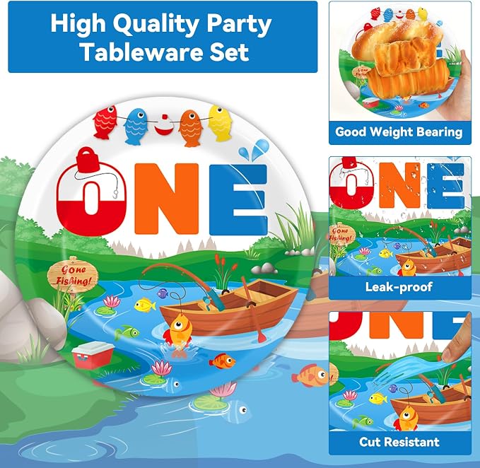 50 GuestsGone Fishing Plates and Napkins Party Supplies Ofishally One Birthday Party Decorations Disposable Tableware Set The Big One Dinnerware Favor for Kids Boys Girls, 200PCS