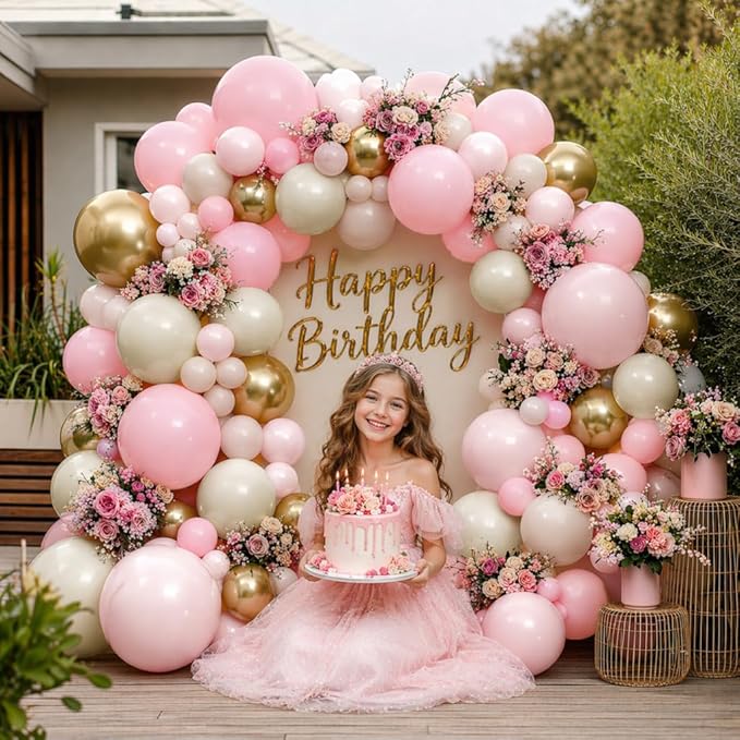 Pink White Gold Balloon Garland Double Stuffed Light Baby Pink Balloons Sand White Gold Balloon Arch Kit for Valentine Mother's Day Girl's Birthday Baby Shower Wedding Party Decorations