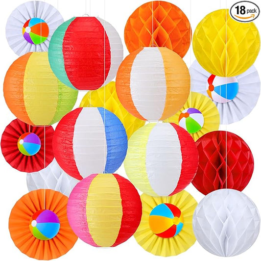 Retisee 18 Pcs Summer Beach Theme Party Decorations Beach Ball Paper Lanterns Fans Honeycomb Decorations Kit Summer Lanterns Fans Honeycomb for Pool Party Supplies