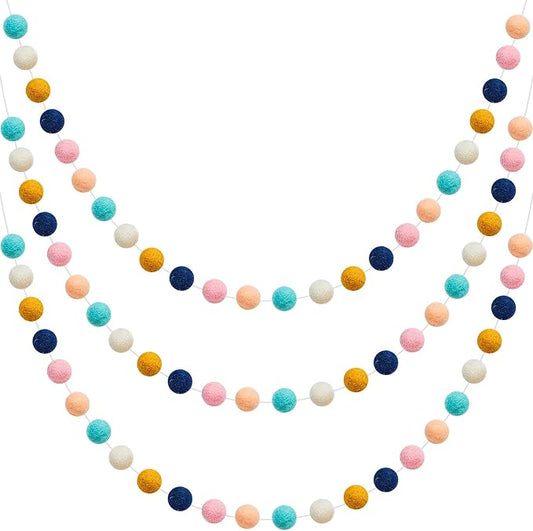 WILLBOND 3 Pieces Wool Felt Rainbow Ball Garland Colorful Pom Pom 6.5 ft Long 24 Ball Garland for Easter Mardi Gras Classroom Halloween Thanksgiving Xmas (Cute Colors)