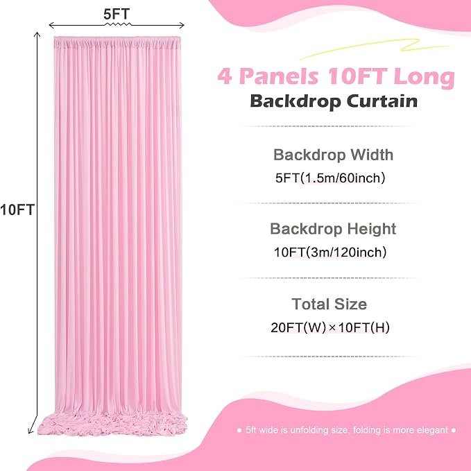 20ft x 10ft Wrinkle Free Pink Backdrop Curtain for Parties, 4 Panels 5×10ft Silky Polyester Light Pink Photo Backdrop Drapes Back Drop Cloth for Girl Party Birthday Gender Reveal Wedding Photography
