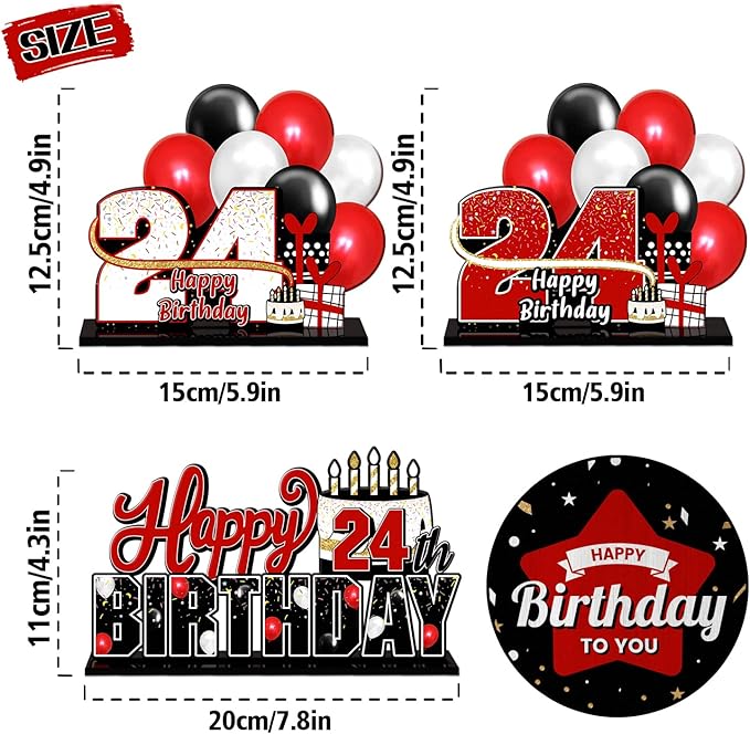 LINGTEER Happy 24th Birthday Red Acrylic Table Topper Centerpieces Set - Cheers to 24 Years Old Birthday 24th Bday Party Gift Decorations.