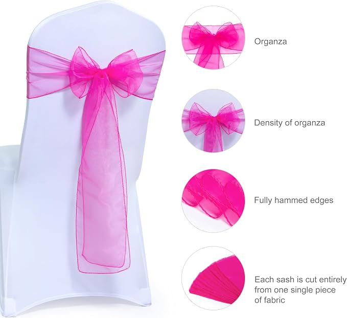 MDS® Pack of 75 Organza Chair Sashes for Wedding Decoration, Reusable Sheer Chair Bows for Banquet Chair Cover, Reception, Bridal Shower, Baby Shower, Birthday Party & Special Events - Magenta
