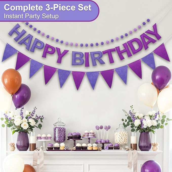 Pre-Strung Happy Birthday Banner & Felt Garland Set - Ombre Purple Birthday Decorations for Women Men Boys Girls | Reusable Party Supplies for Indoor & Outdoor