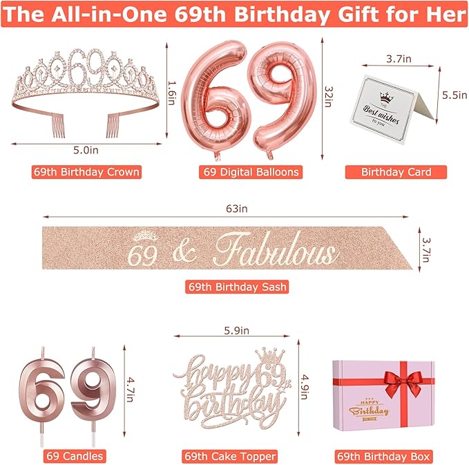 69th Birthday Decorations for Women, Including 69th Birthday Sash and Tiara, Cake Topper and Candles, Number Balloons, 69 Year Old Gifts for Women