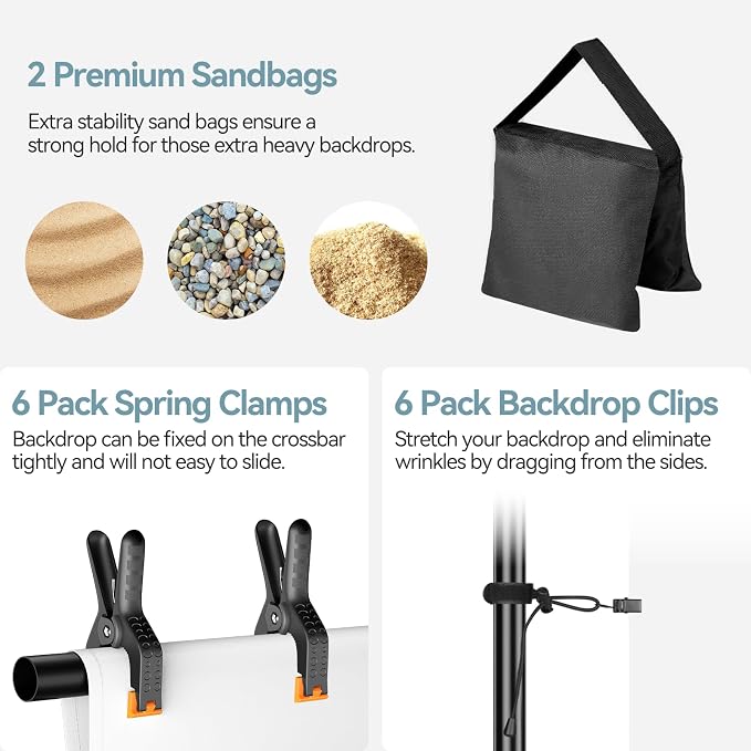 7x10 FT Photography Background Support System, Adjustable Photo Video Studio Backdop Stand Kit with 3 Polyster Background (Black, White, Green), Spring Clamps, Sandbags and Carry Bag