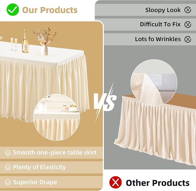 2 Pack Champagne Tablecloths for Rectangle Tables 6ft, Wrinkle Resistant Spandex Tablecover Fitted Stretch Table Cloth with Pleated Ruffle Table Skirts for Party Banquet Dining Birthday Wedding