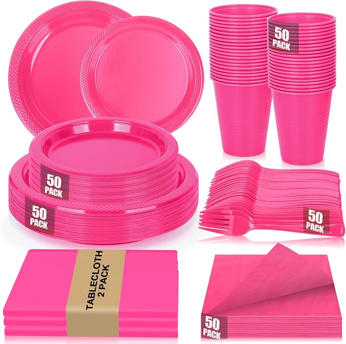 Hot Pink Plastic Plates for Party,50 Guest Disposable Plastic Plate Set 9" Plates,7" Dessert Plate,Napkins,Cups,Forks & Tablecloth for Girls Women,Summer Party,Birthday