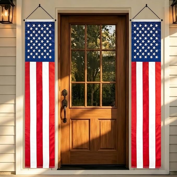Bradford American Door Banners 2 pcs 250 Anniversary Decorations, Embroidered 20x96 Inch Hanging USA US Flags with 2 Brass Grommets for Memorial Day 4th of July Décor