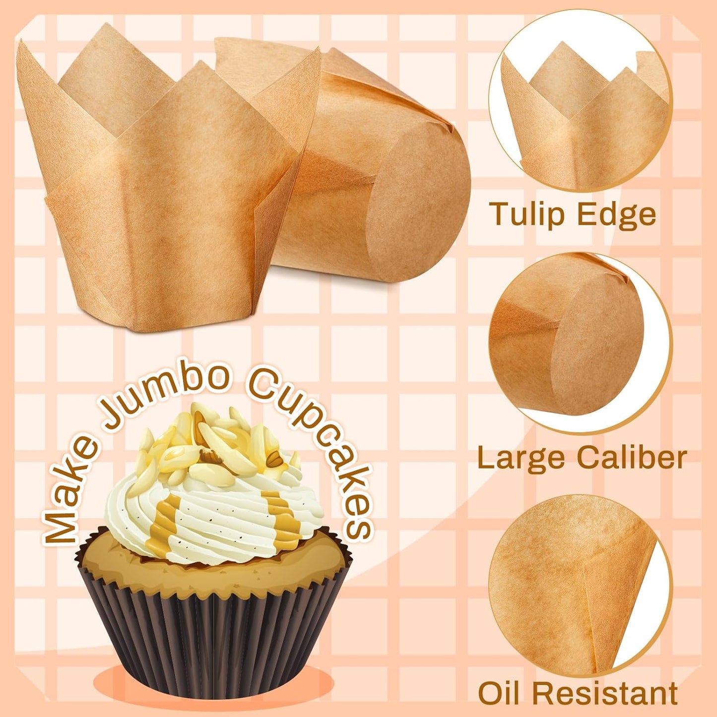 300 Pcs Jumbo Muffin Liners for Baking 2-1/4" x 4" Large Tulip Cupcake Liners Greaseproof Cupcake Wrapper Paper for Weddings Birthday Christmas Anniversaries Party (Light Brown)