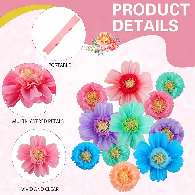 Crowye 24 Pcs Large Colorful Tissue Paper Flowers Decorations Giant Fiesta Craft Crepe Paper Flowers for Wall Decor Backdrop Mexican Wedding Birthday Carnival Party (10'' 20'',Colorful)