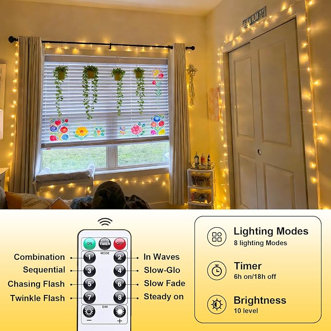 YEGUO Battery Operated String Lights Indoor, 2 Pack Each 33ft 100 LED Twinkle Fairy Lights for Bedroom Classroom Dorm with Remote, 8 Modes Clear Wire Warm White Christmas Lights Outdoor Waterproof