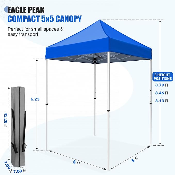 EAGLE PEAK 5x5 Pop Up Canopy Tent Instant Outdoor Canopy Easy Set-up Straight Leg Folding Shelter, Blue