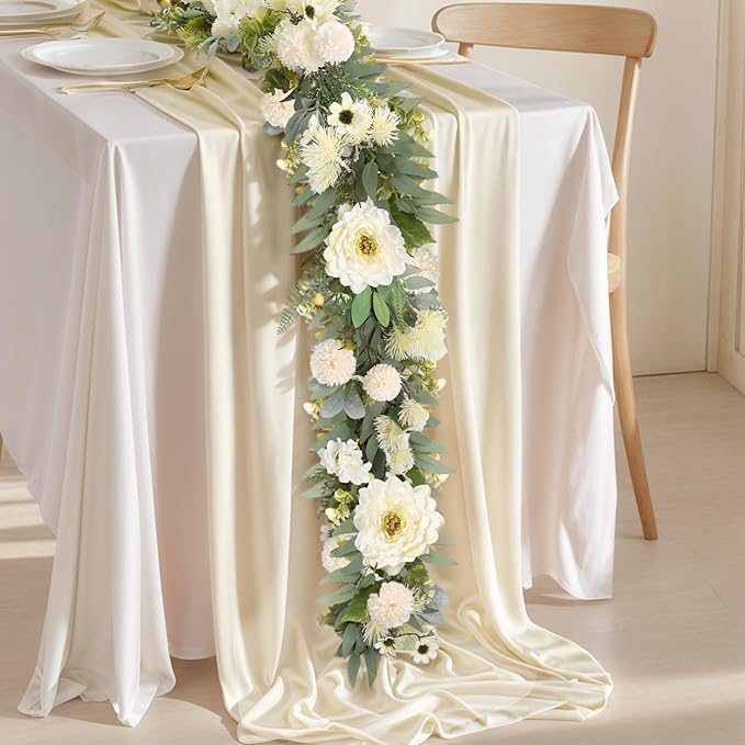 Spring Garland 6FT Hydrangea Flower Garland Faux Greenery Leaf Vine Garlands for Decoration for Spring Indoor Outdoor Garden Farmhouse Porch Wall Wedding Room Home Decor (White)