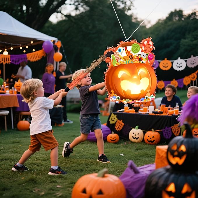 4 Pcs Fall Pumpkin Pinata Set, 14.5" x 14.5" Perfect for Thanksgiving Day or Halloween Party Decorations Activity Supplies with Stick for Autumn Fall Festival Celebrations