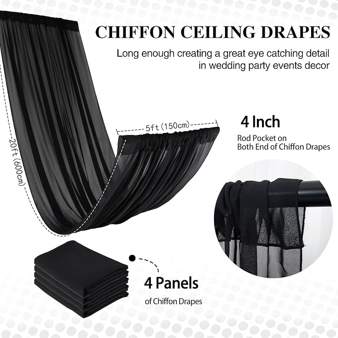 DUOBAO Black Chiffon Sheer Wedding Backdrop Curtains 5x20 FT - 4 Panels Tulle Drapes Fabric Arch Drapery, Photography Background with Rod Pocket for Stage Tent Canopy, Birthday Arch Drapery