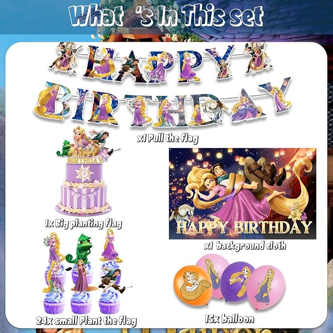 42Pack Rapunzel Party Supplies Kit Set Include Banner ,Cake Topper ,Backdrop ,Balloons for birthday Party Decorations (YE6)