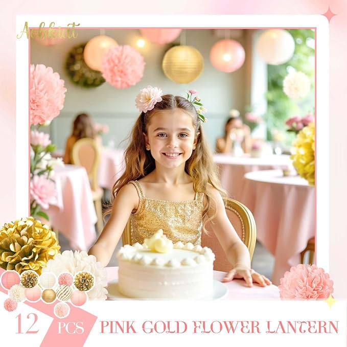 AOBKIAT Birthday Party Decorations Set for Girls Women,12PCS Pink Gold Tissue Paper Pom Poms Lanterns Flowers,for Engagement,Wedding,Baby Shower,Bridal Shower,Girl Party