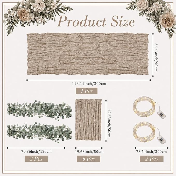Cinrobiye 11pcs Cheesecloth Table Runner Set 120 Inch – Gauze Table Runner with Napkins, Eucalyptus Garland & String Lights for Wedding Baby Shower Table Decor, Rustic Boho