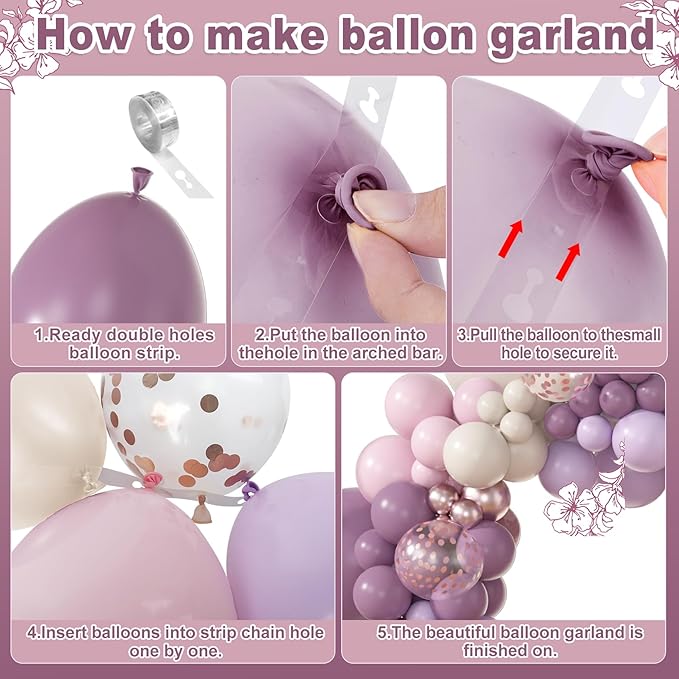 Amandir 173Pcs Dusty Purple Balloon Arch Garland Kit, Double-stuffed Pink White Sand Lavender Lilac Light Purple Rose Gold Confetti Balloons for Bridal Shower Wedding Birthday Party Decorations